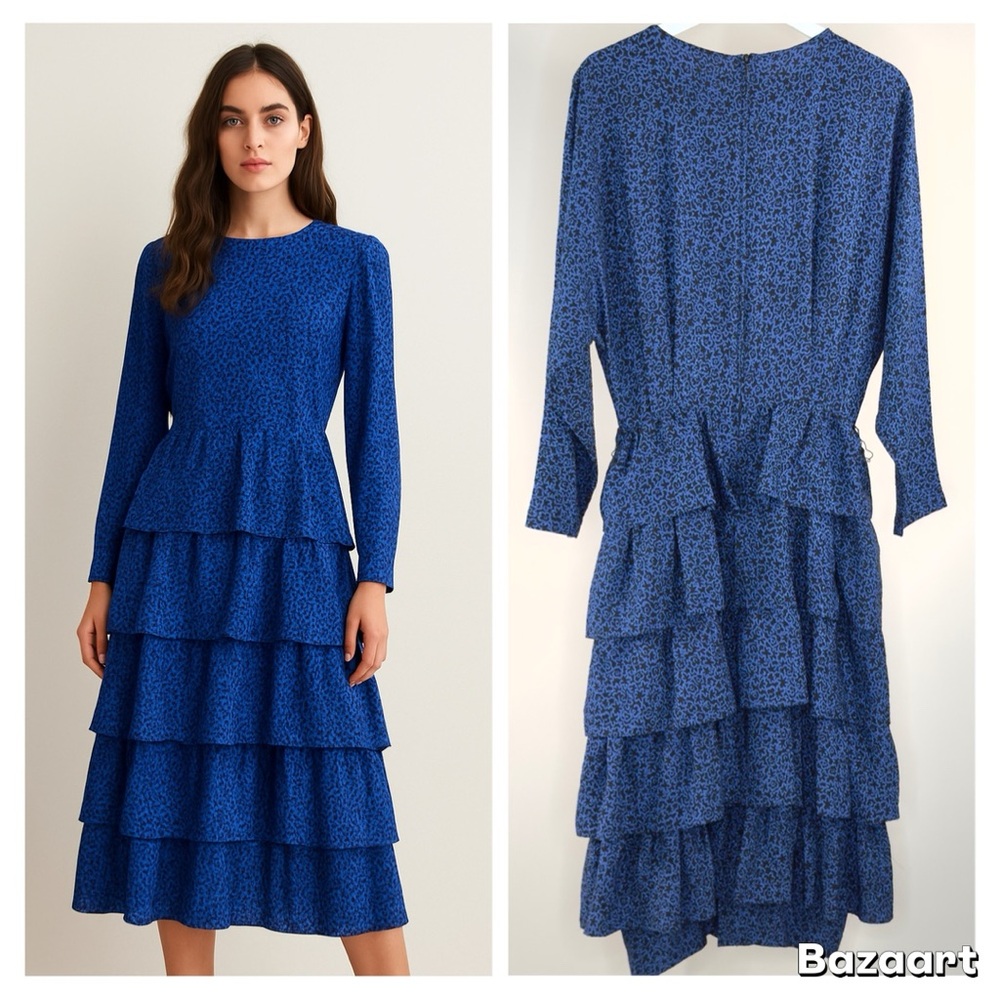 Louis Féraud Blue Tiered Ruffle Dress – Size 8 – New (No Tags)